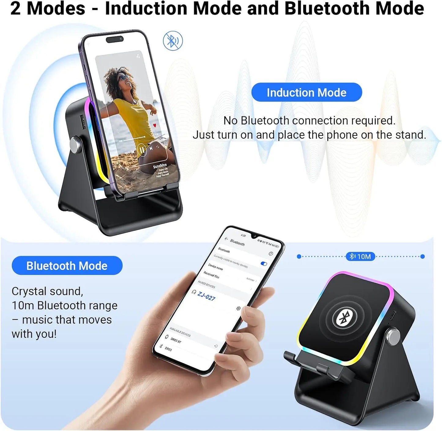 Desk Universal Mobile Phone Stand 5 in 1 Wireless Induction Bluetooth Audio Speaker Holder Colorful RGB Light for Iphone Samung