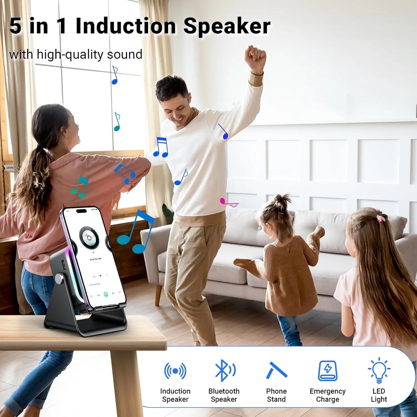 Desk Universal Mobile Phone Stand 5 in 1 Wireless Induction Bluetooth Audio Speaker Holder Colorful RGB Light for Iphone Samung
