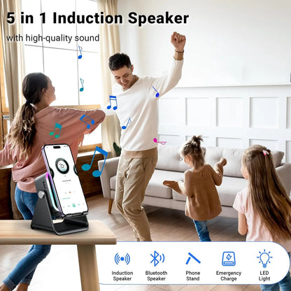 Desk Universal Mobile Phone Stand 5 in 1 Wireless Induction Bluetooth Audio Speaker Holder Colorful RGB Light for Iphone Samung