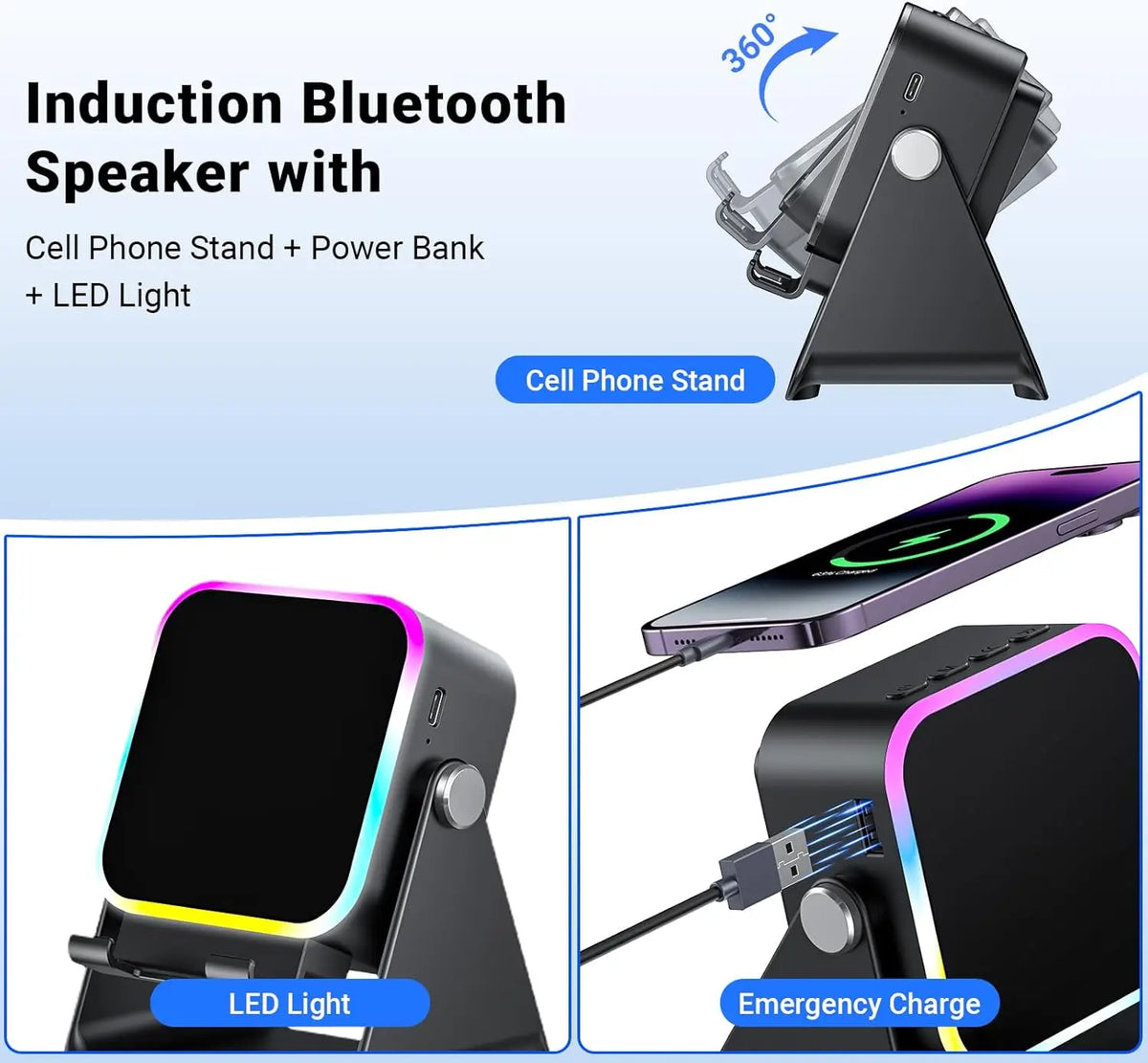 Desk Universal Mobile Phone Stand 5 in 1 Wireless Induction Bluetooth Audio Speaker Holder Colorful RGB Light for Iphone Samung